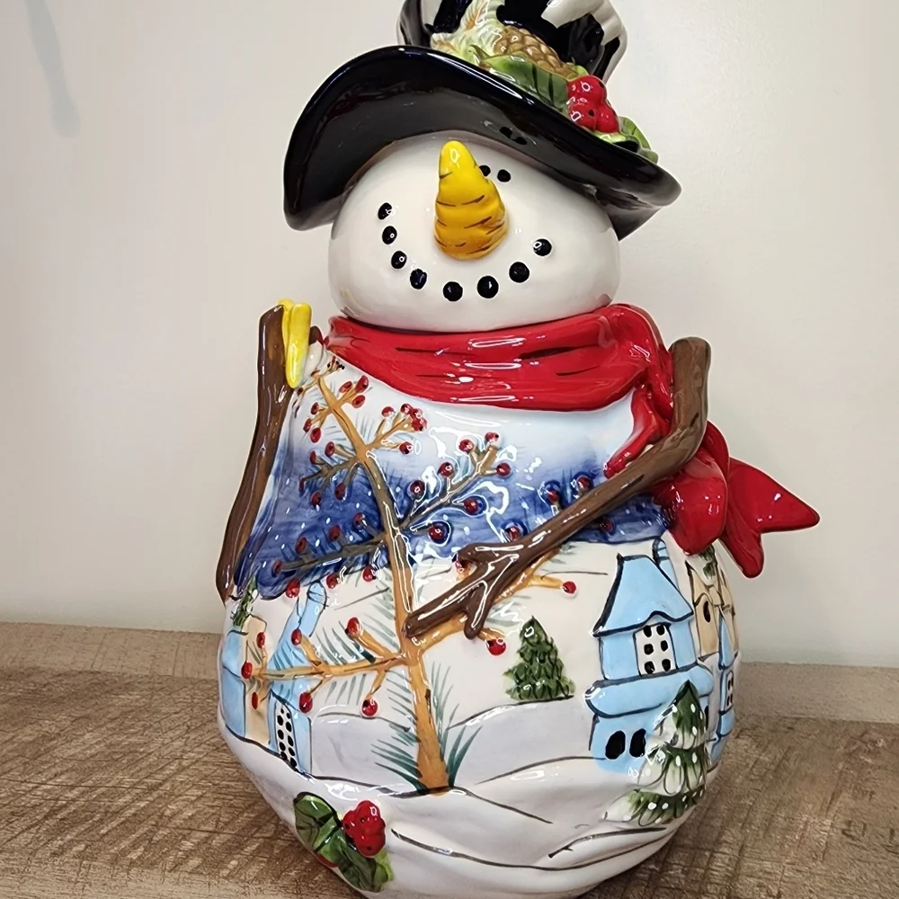 Blue Sky Heather Goldminc Ceramic Snowman Cookie Jar Night Before Christmas EUC